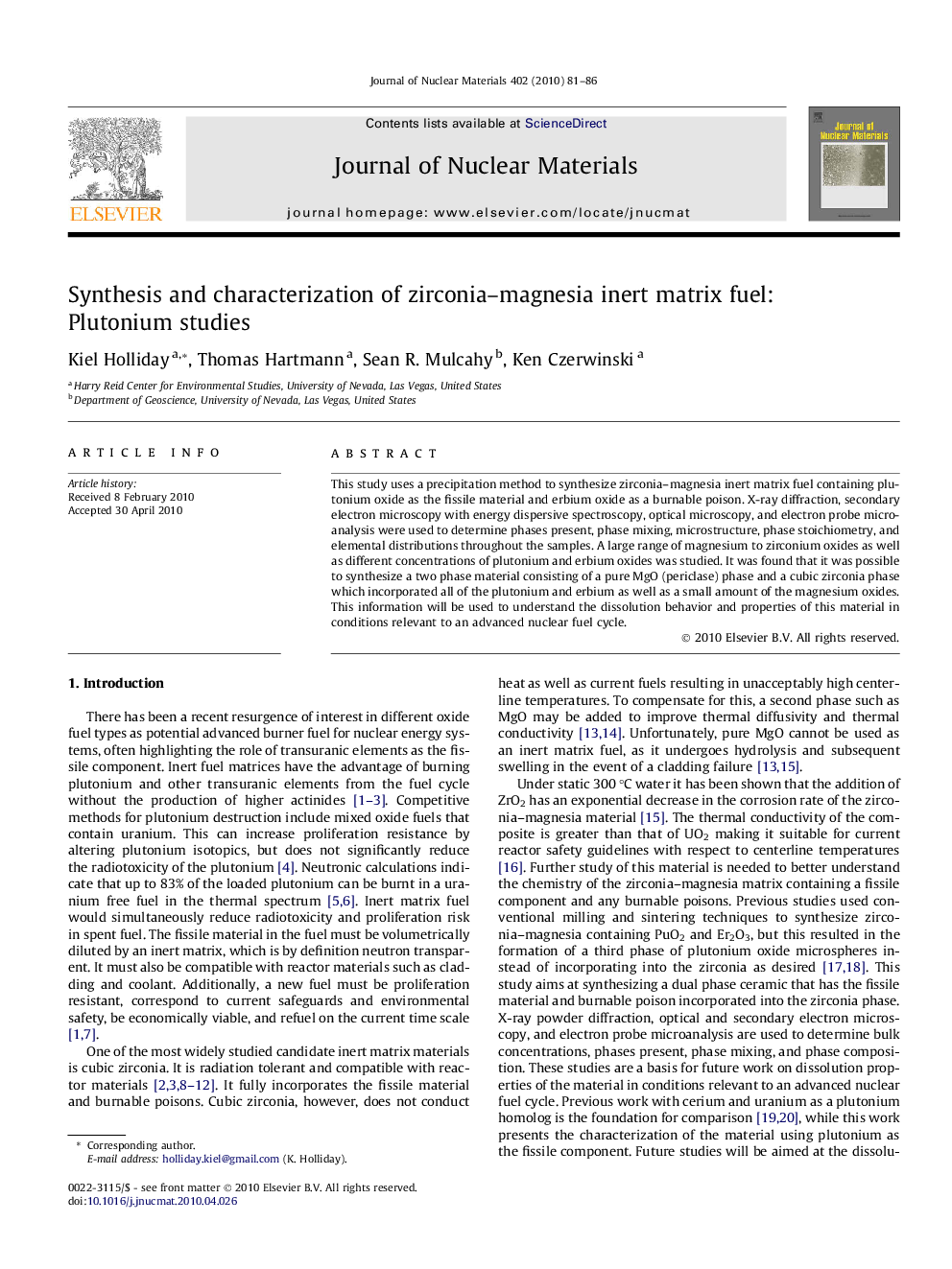 Synthesis and characterization of zirconia–magnesia inert matrix fuel: Plutonium studies