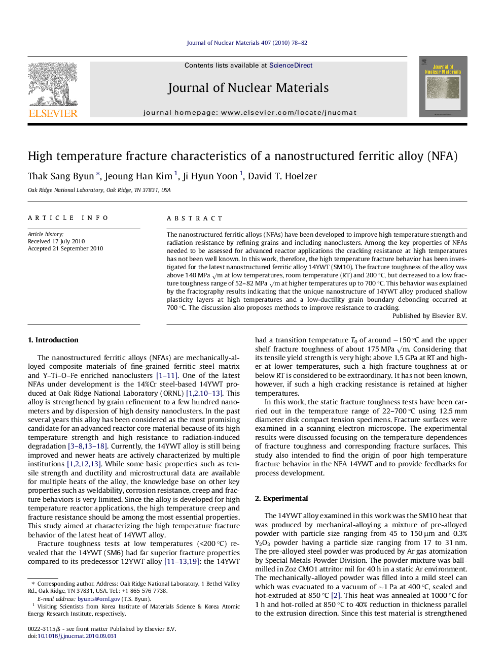 عکس صفحه اول مقاله: High temperature fracture characteristics of a nanostructured ferritic alloy (NFA) High temperature fracture characteristics of a nanostructured ferritic alloy (NFA)