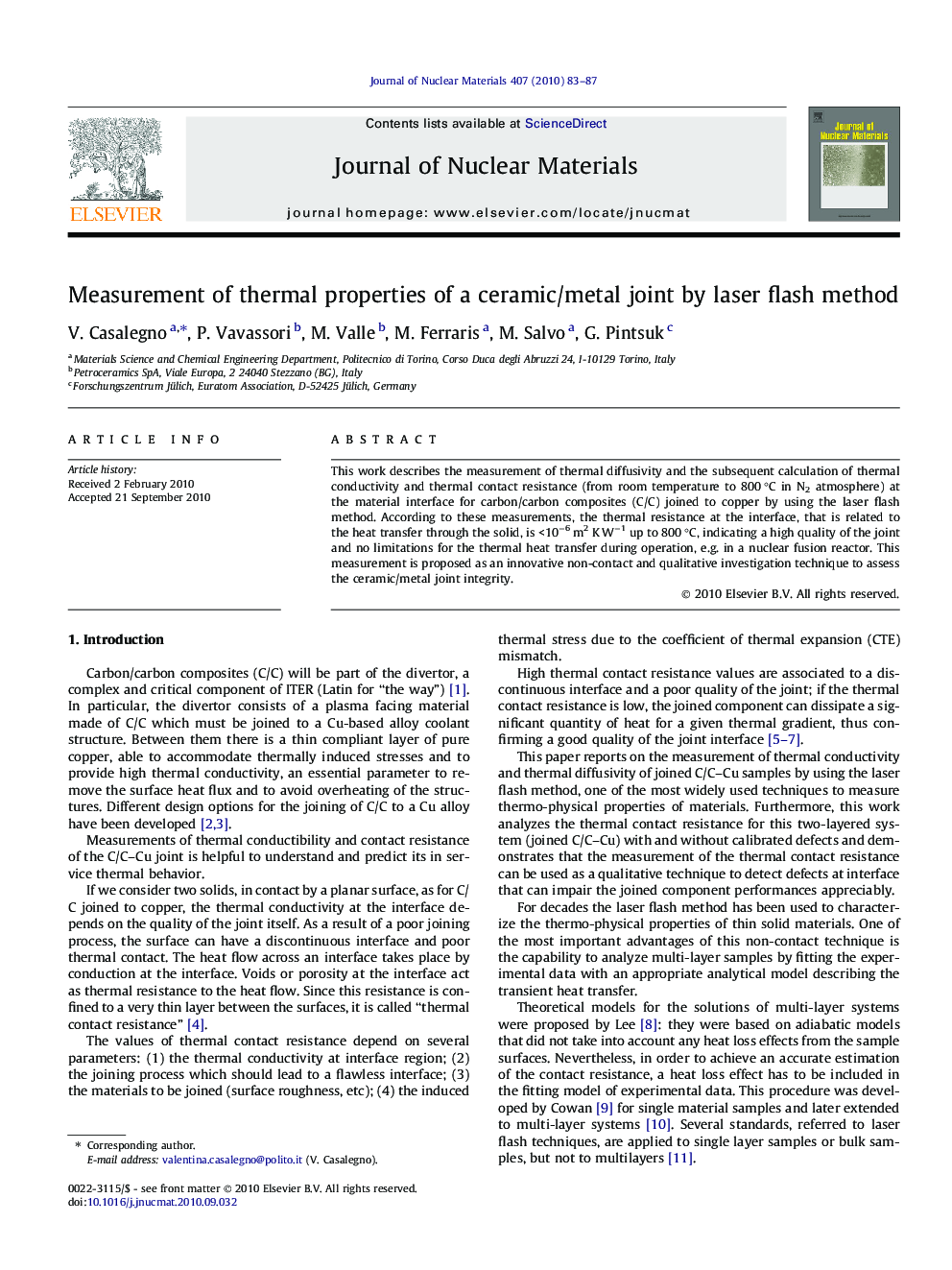 Measurement of thermal properties of a ceramic/metal joint by laser flash method