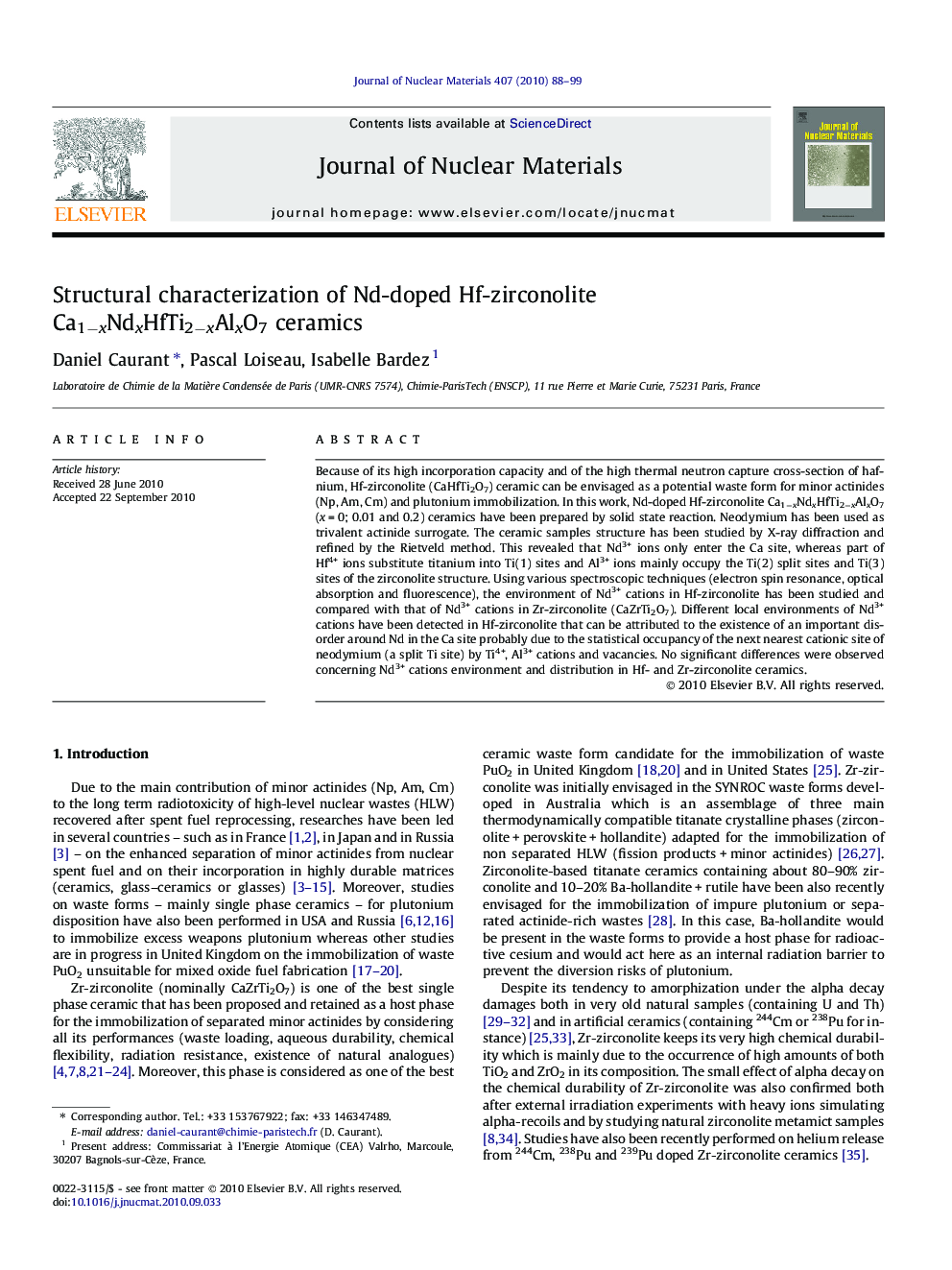 Structural characterization of Nd-doped Hf-zirconolite Ca1−xNdxHfTi2−xAlxO7 ceramics