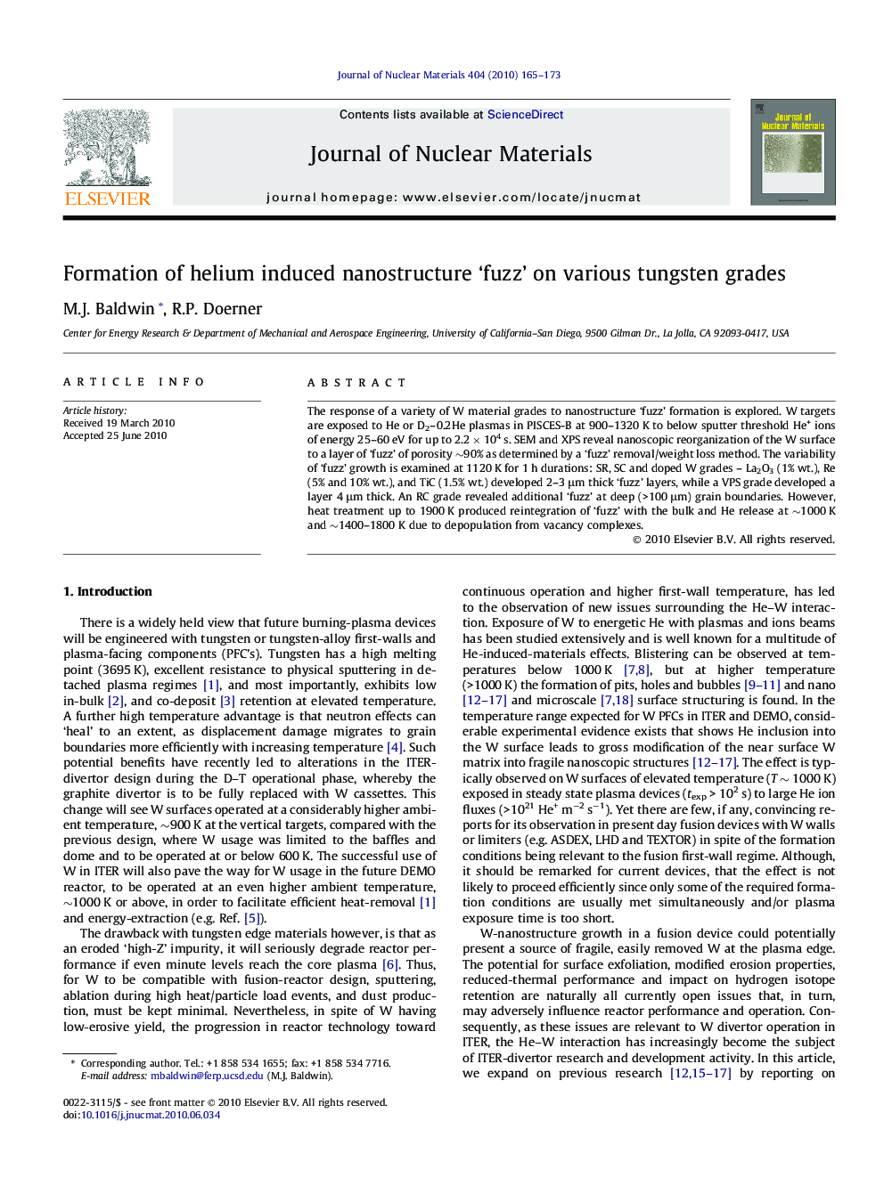 عکس صفحه اول مقاله: Formation of helium induced nanostructure ‘fuzz’ on various tungsten grades Formation of helium induced nanostructure ‘fuzz’ on various tungsten grades