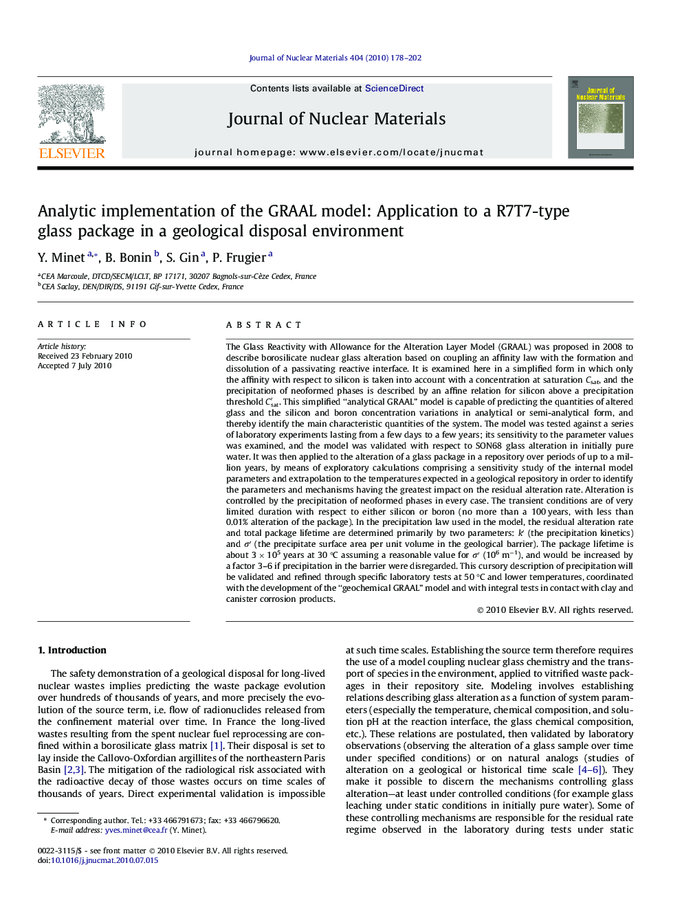 عکس صفحه اول مقاله: Analytic implementation of the GRAAL model: Application to a R7T7-type glass package in a geological disposal environment Analytic implementation of the GRAAL model: Application to a R7T7-type glass package in a geological disposal environment