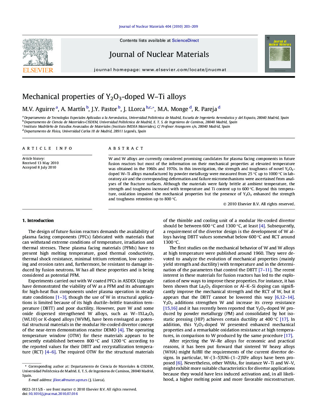 عکس صفحه اول مقاله: Mechanical properties of Y2O3-doped W–Ti alloys Mechanical properties of Y2O3-doped W–Ti alloys