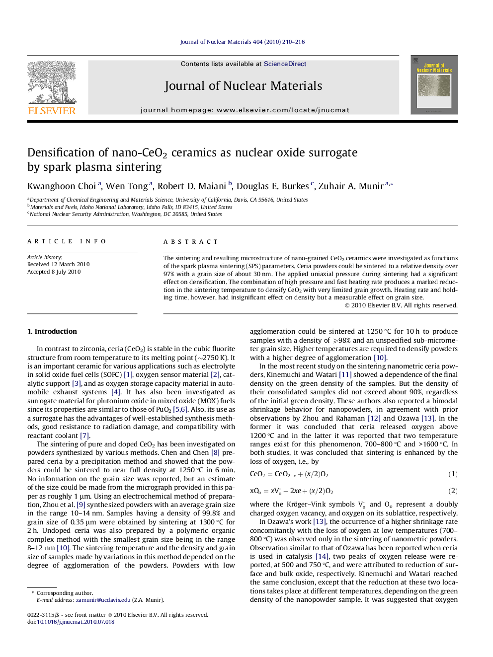 عکس صفحه اول مقاله: Densification of nano-CeO2 ceramics as nuclear oxide surrogate by spark plasma sintering Densification of nano-CeO2 ceramics as nuclear oxide surrogate by spark plasma sintering