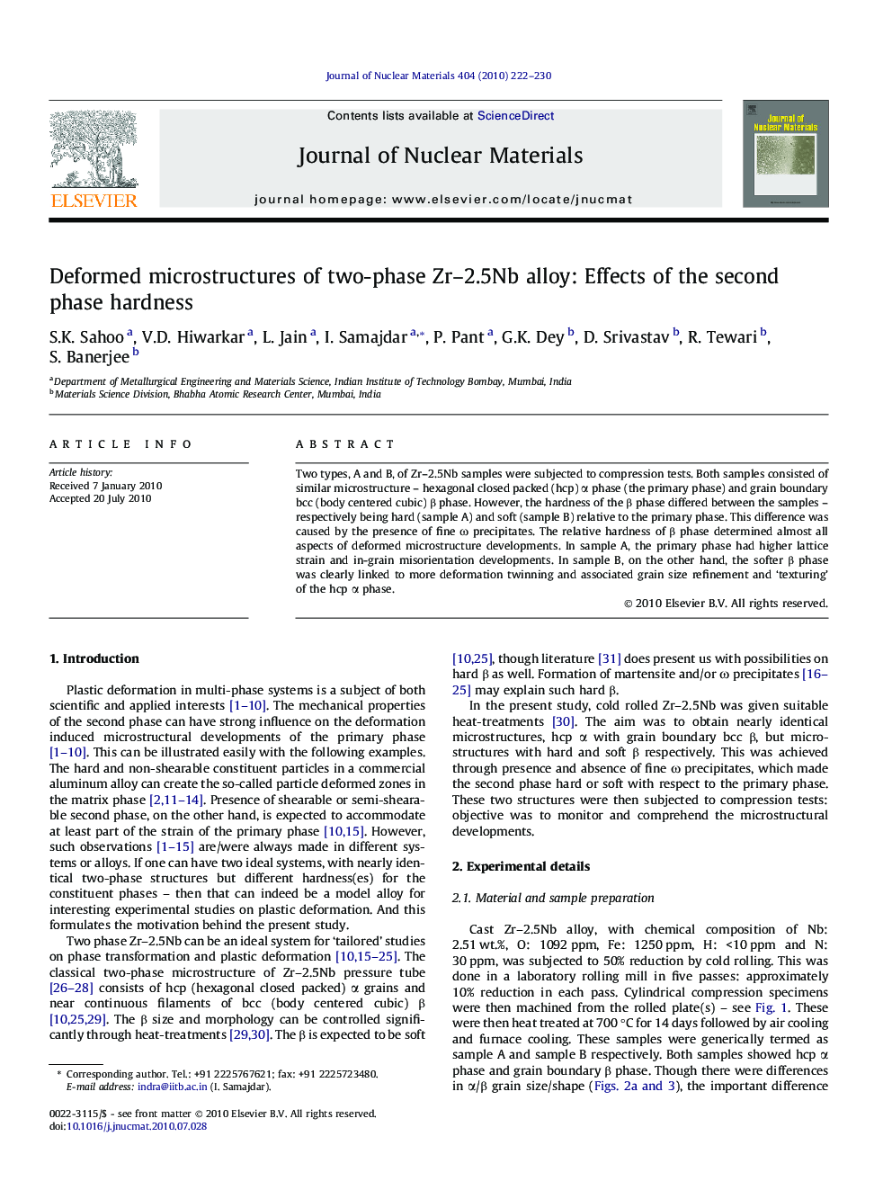 عکس صفحه اول مقاله: Deformed microstructures of two-phase Zr-2.5Nb alloy: Effects of the second phase hardness Deformed microstructures of two-phase Zr-2.5Nb alloy: Effects of the second phase hardness