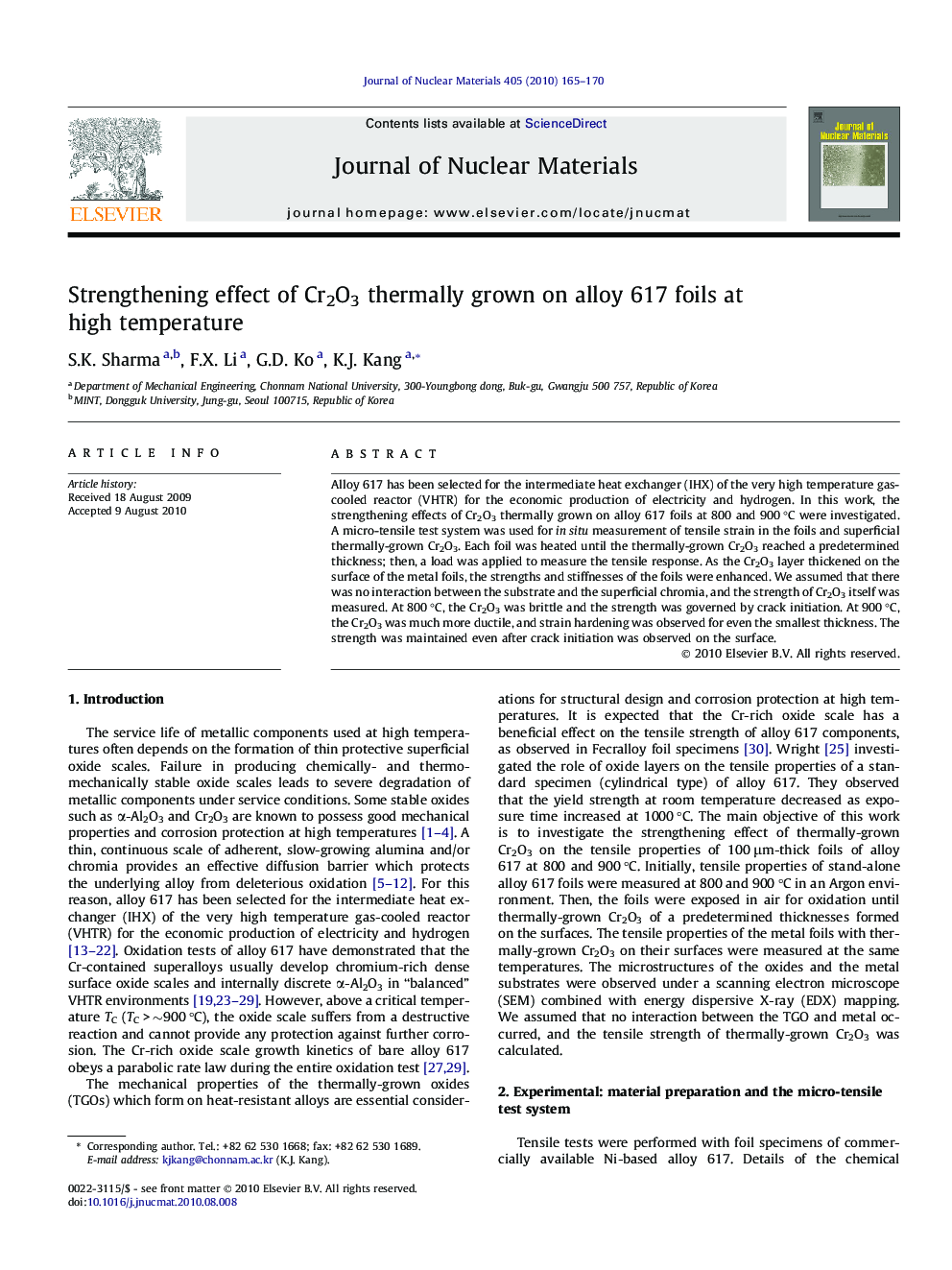 Strengthening effect of Cr2O3 thermally grown on alloy 617 foils at high temperature