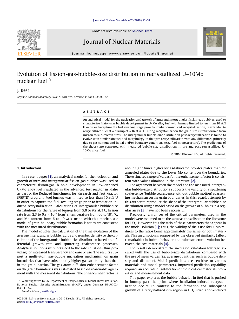 Evolution of fission-gas-bubble-size distribution in recrystallized U–10Mo nuclear fuel 