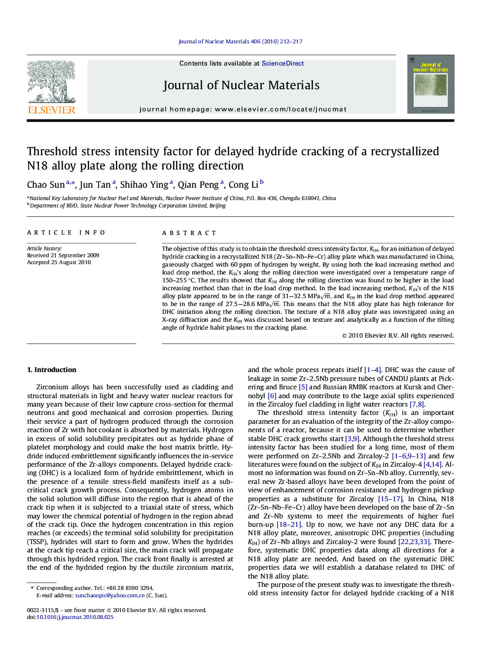 Threshold stress intensity factor for delayed hydride cracking of a recrystallized N18 alloy plate along the rolling direction