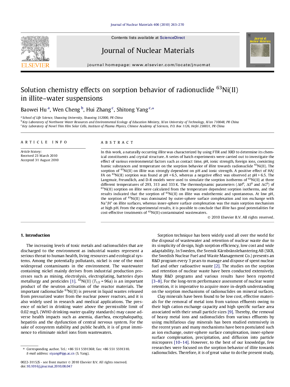 Solution chemistry effects on sorption behavior of radionuclide 63Ni(II) in illite–water suspensions