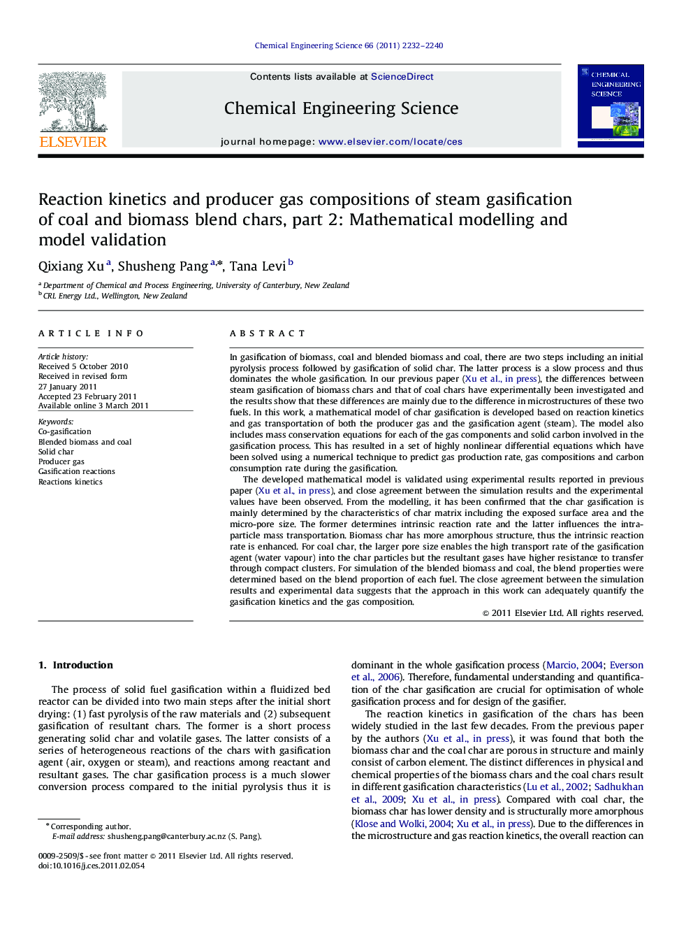 Reaction kinetics and producer gas compositions of steam gasification of coal and biomass blend chars, part 2: Mathematical modelling and model validation