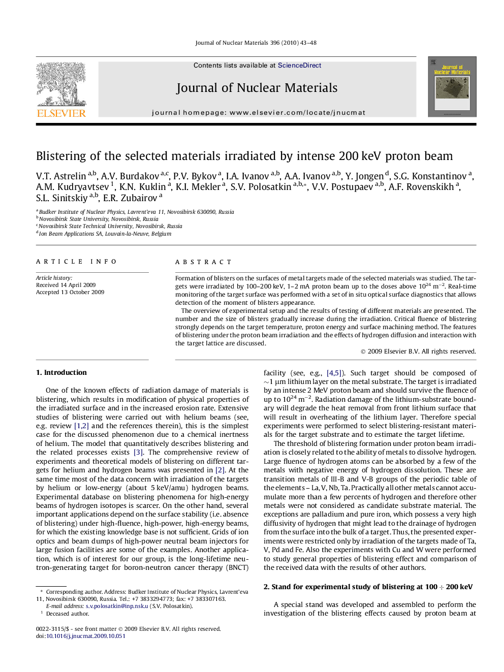 Blistering of the selected materials irradiated by intense 200 keV proton beam