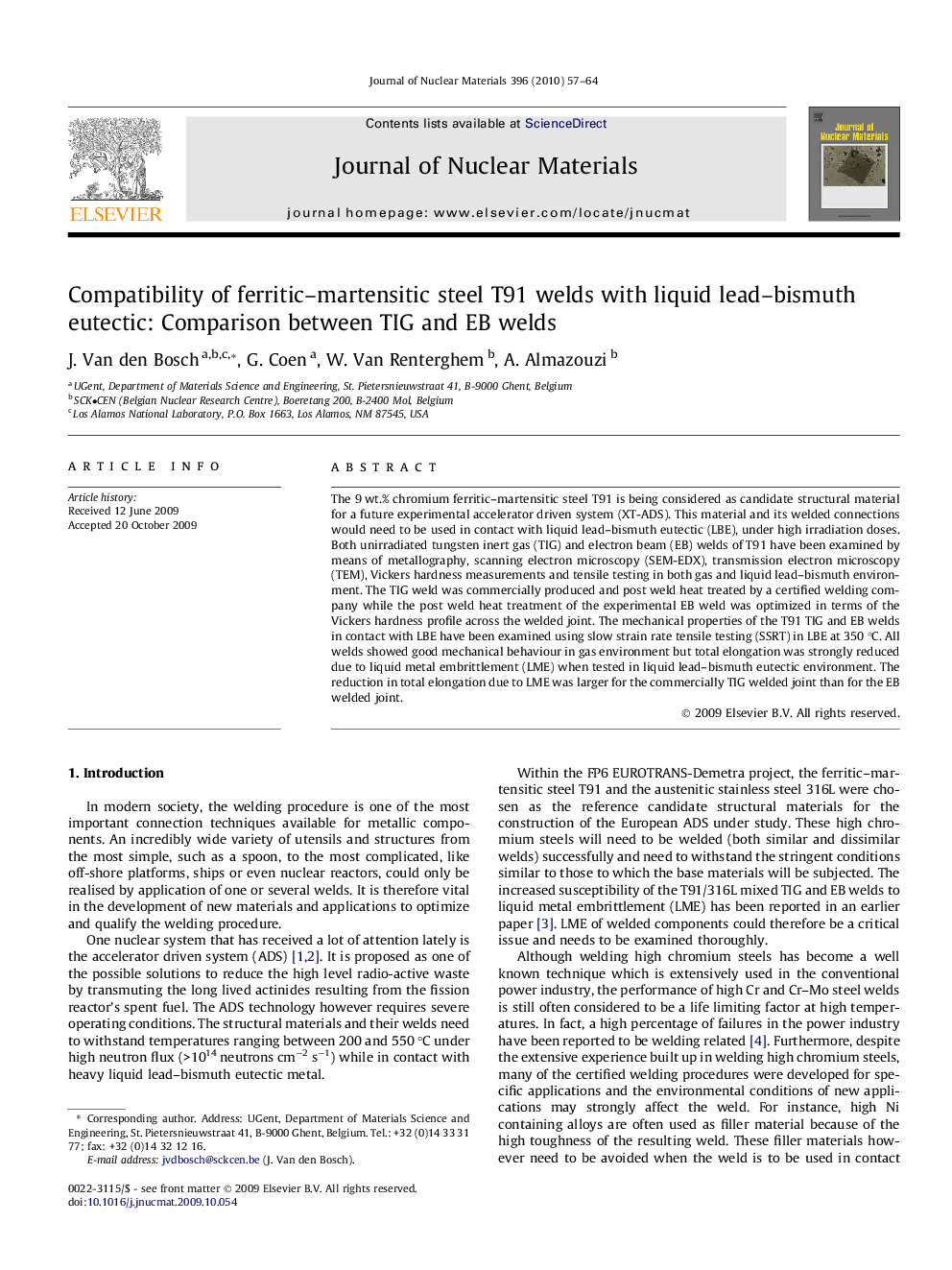 Compatibility of ferritic–martensitic steel T91 welds with liquid lead–bismuth eutectic: Comparison between TIG and EB welds