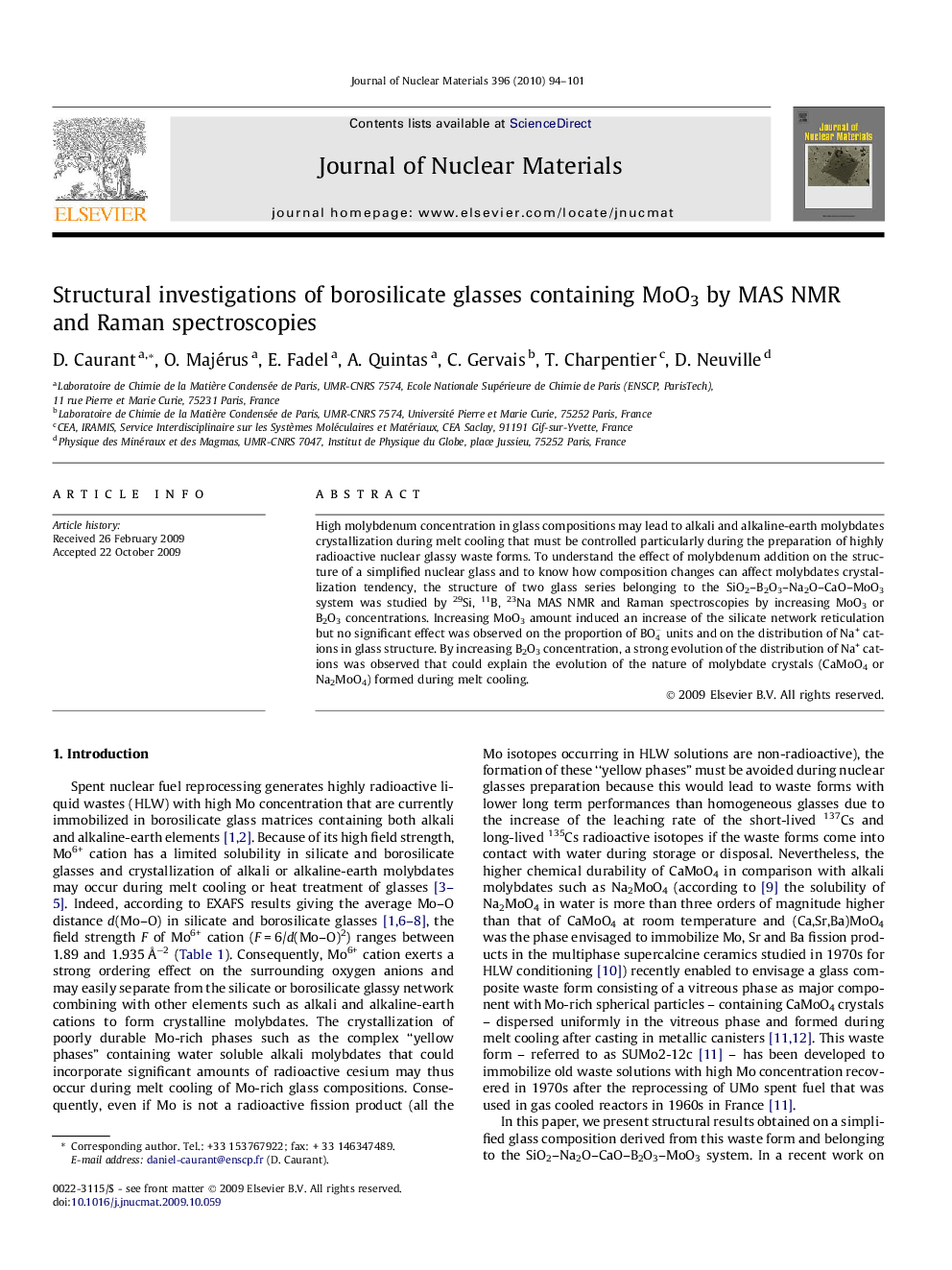 Structural investigations of borosilicate glasses containing MoO3 by MAS NMR and Raman spectroscopies