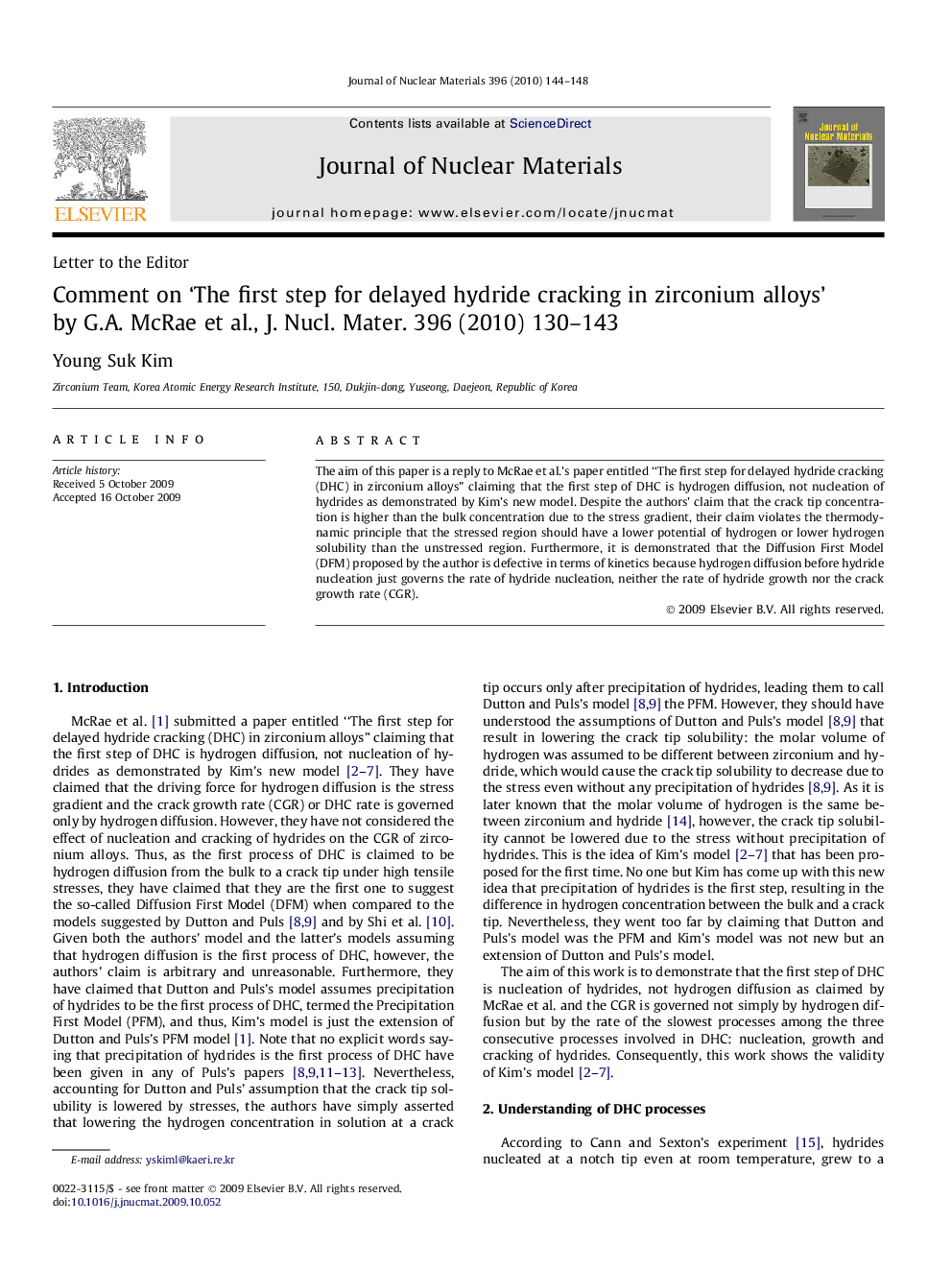 Comment on ‘The first step for delayed hydride cracking in zirconium alloys’ by G.A. McRae et al., J. Nucl. Mater. 396 (2010) 130–143