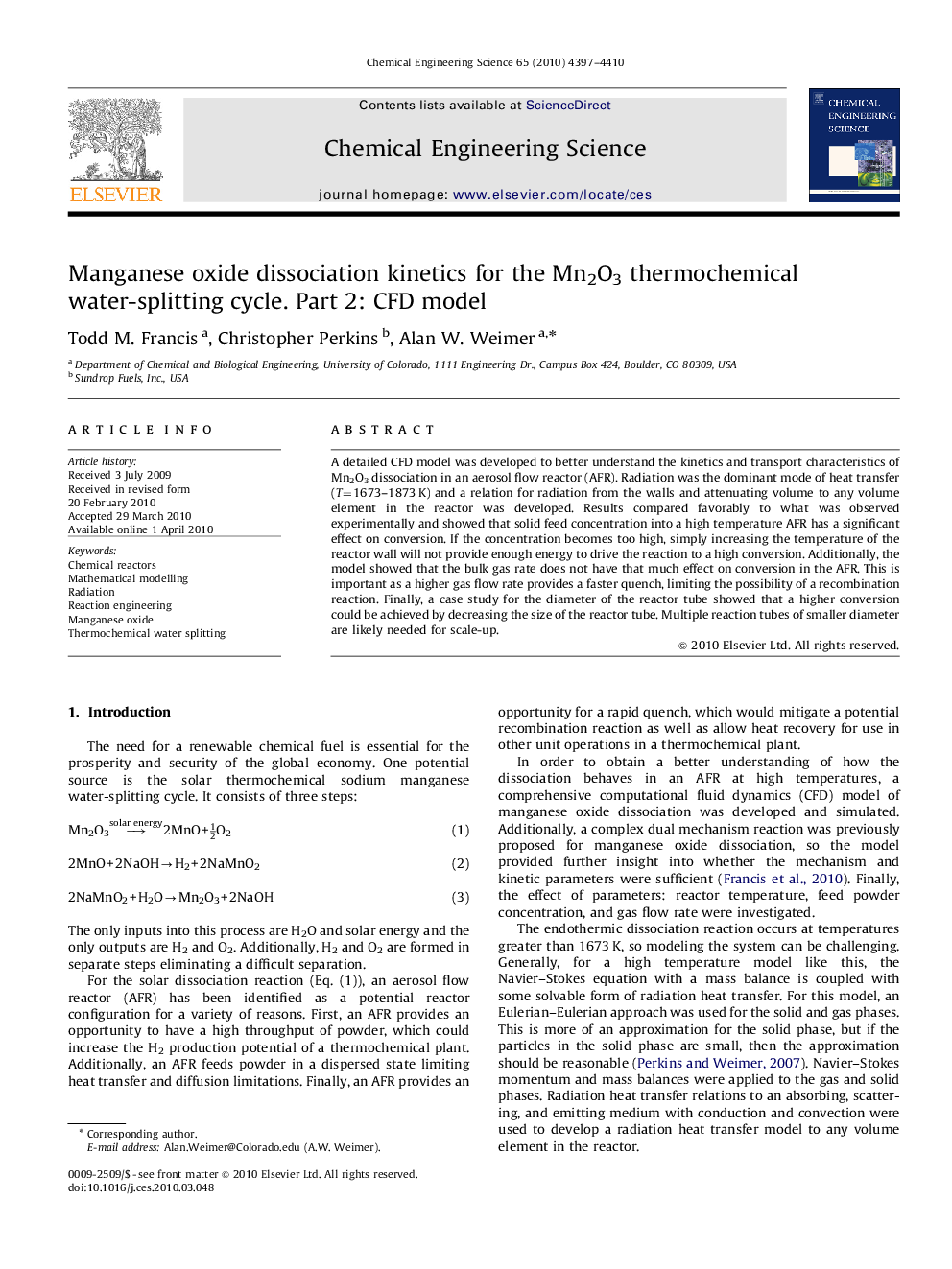 عکس صفحه اول مقاله: Manganese oxide dissociation kinetics for the Mn2O3 thermochemical water-splitting cycle. Part 2: CFD model Manganese oxide dissociation kinetics for the Mn2O3 thermochemical water-splitting cycle. Part 2: CFD model