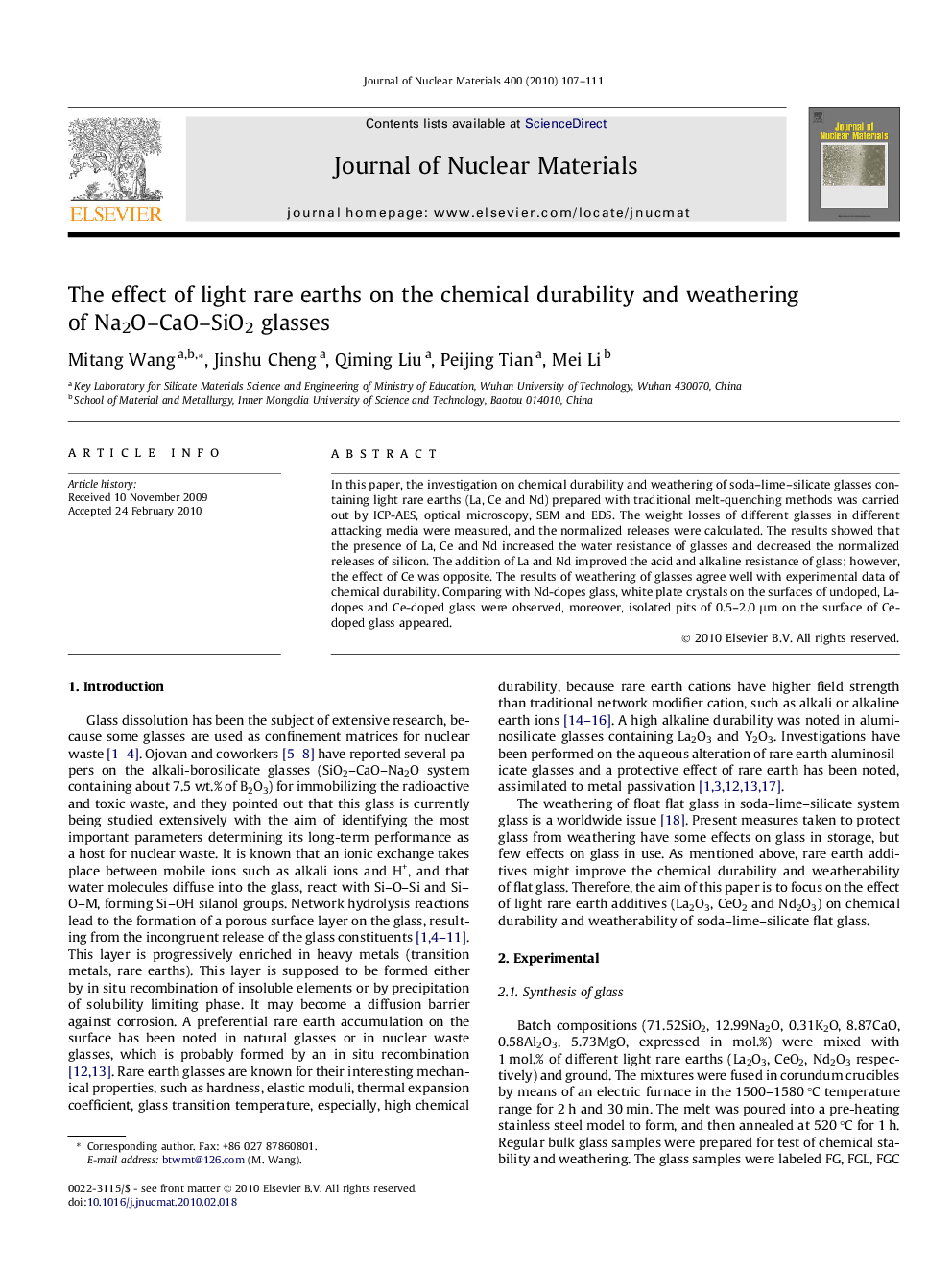 The effect of light rare earths on the chemical durability and weathering of Na2O–CaO–SiO2 glasses