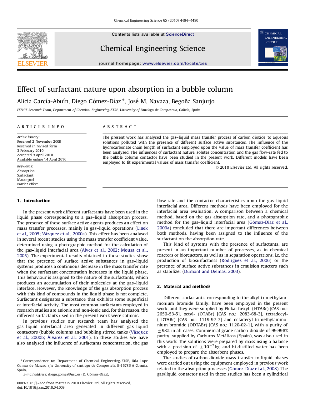 Effect of surfactant nature upon absorption in a bubble column