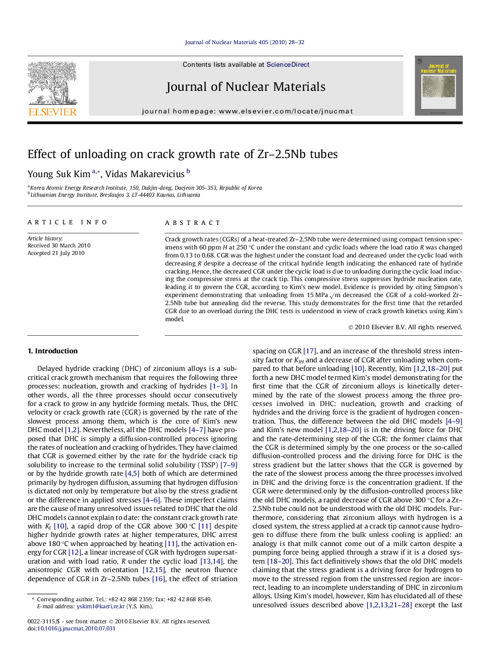 Effect of unloading on crack growth rate of Zr–2.5Nb tubes