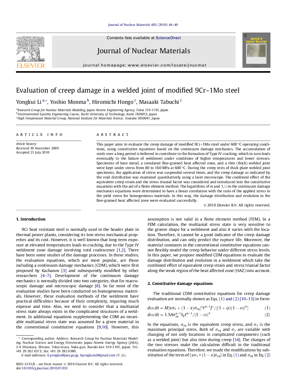 Evaluation of creep damage in a welded joint of modified 9Cr–1Mo steel