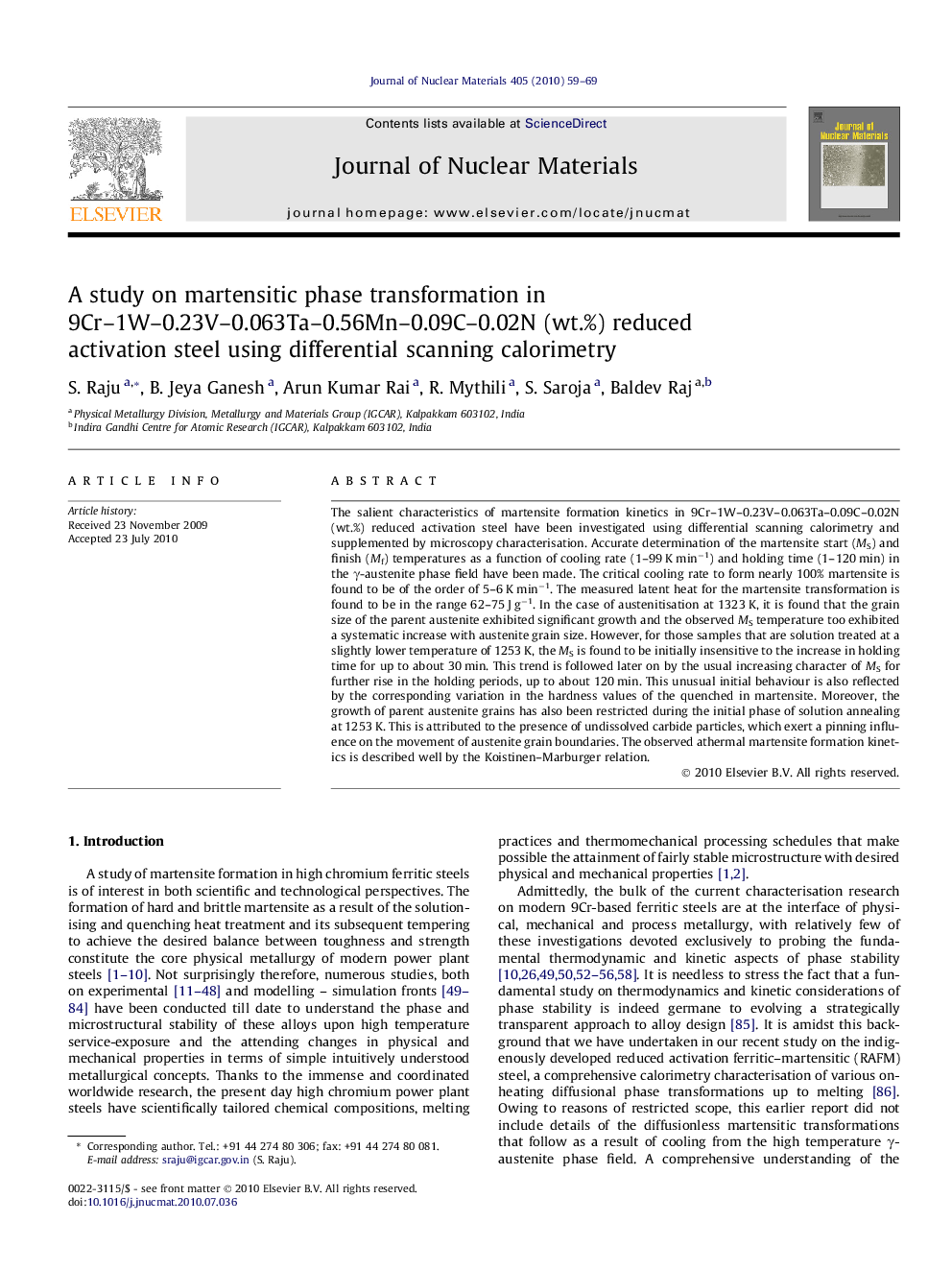 A study on martensitic phase transformation in 9Cr–1W–0.23V–0.063Ta–0.56Mn–0.09C–0.02N (wt.%) reduced activation steel using differential scanning calorimetry