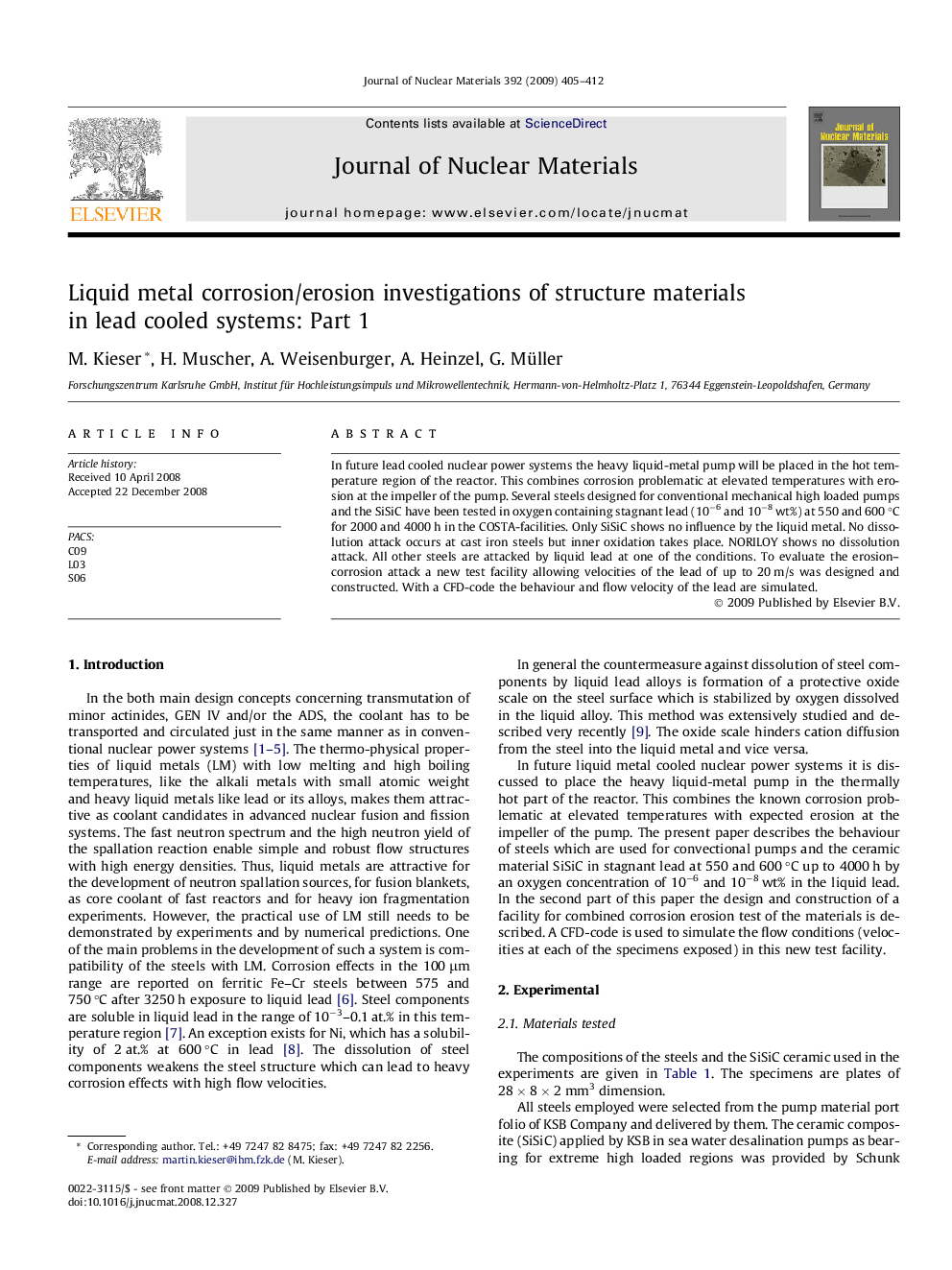 عکس صفحه اول مقاله: Liquid metal corrosion/erosion investigations of structure materials in lead cooled systems: Part 1 Liquid metal corrosion/erosion investigations of structure materials in lead cooled systems: Part 1