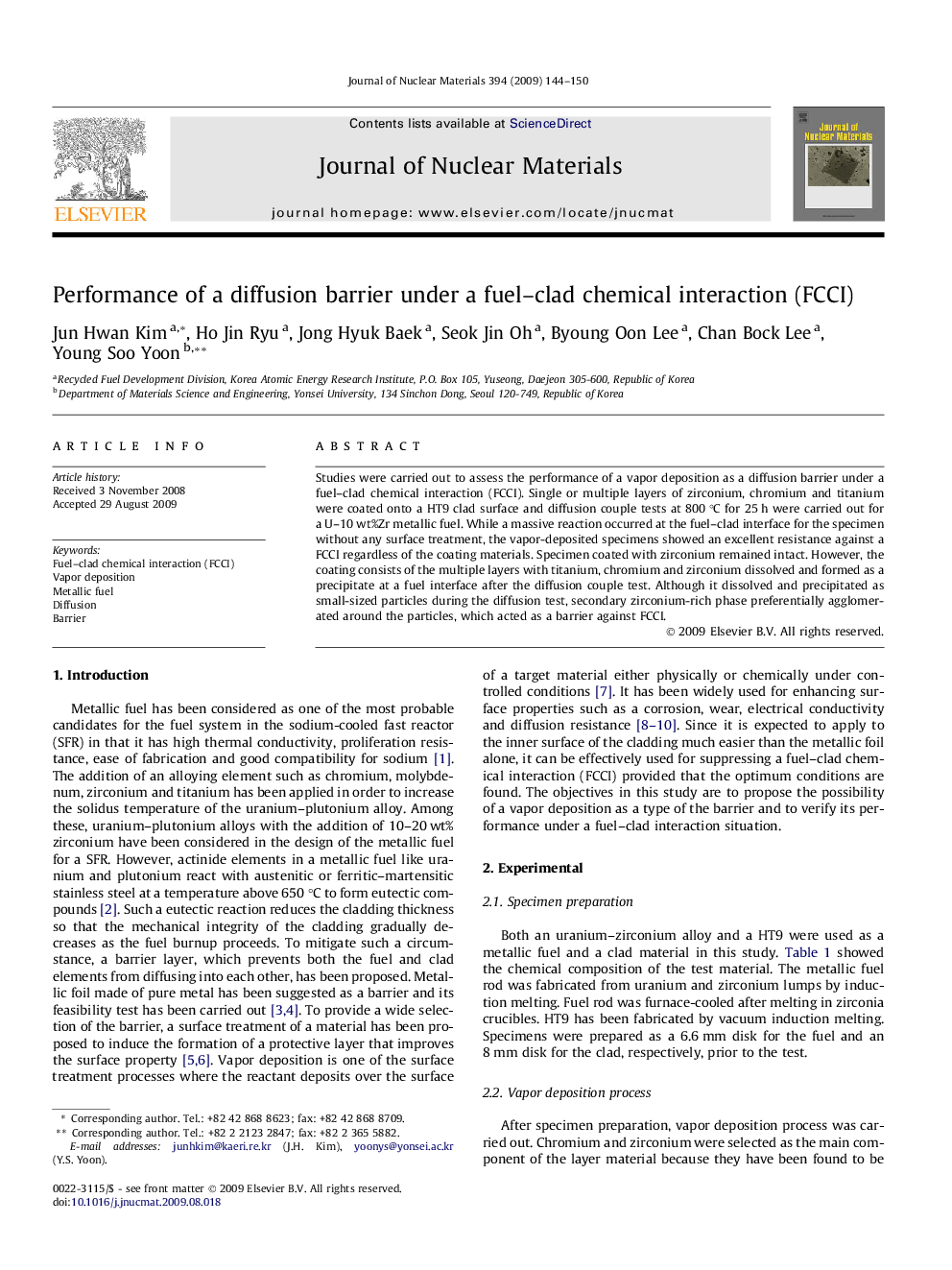 Performance of a diffusion barrier under a fuel-clad chemical interaction (FCCI)