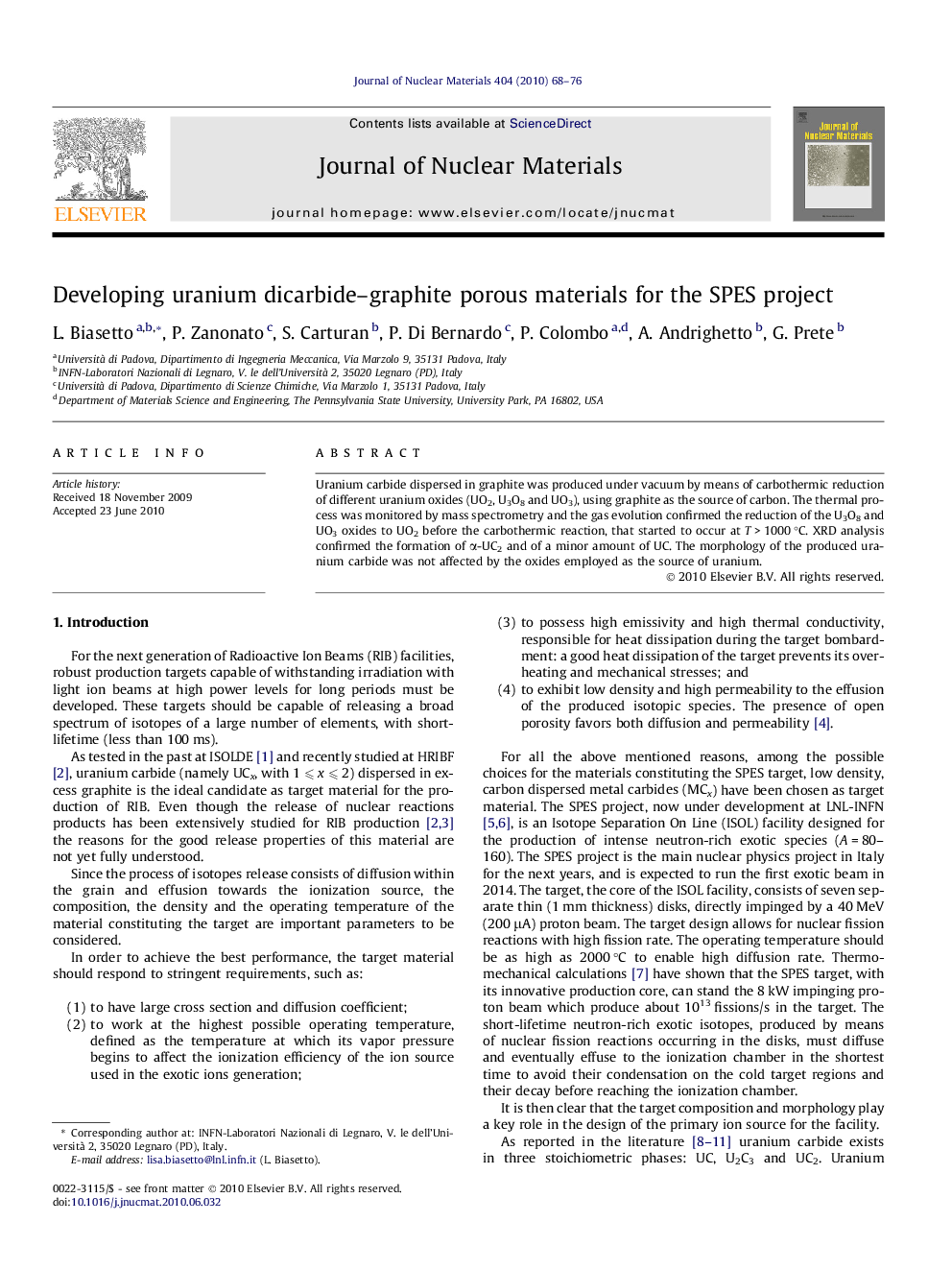 Developing uranium dicarbide–graphite porous materials for the SPES project