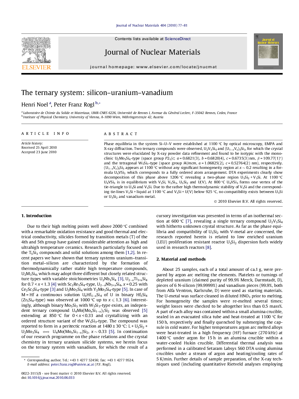 The ternary system: silicon–uranium–vanadium
