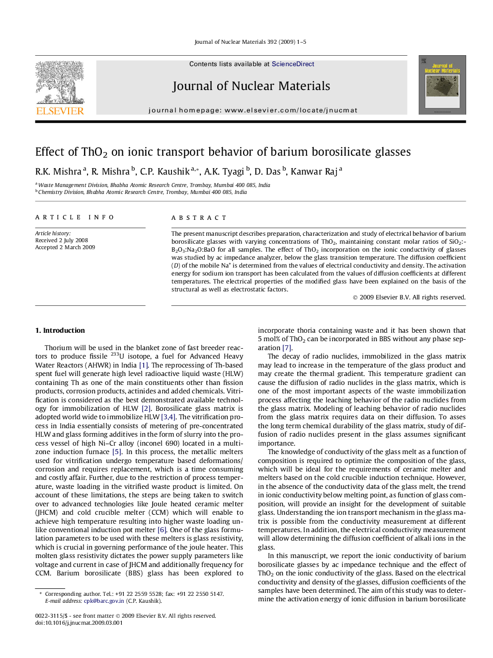 Effect of ThO2 on ionic transport behavior of barium borosilicate glasses