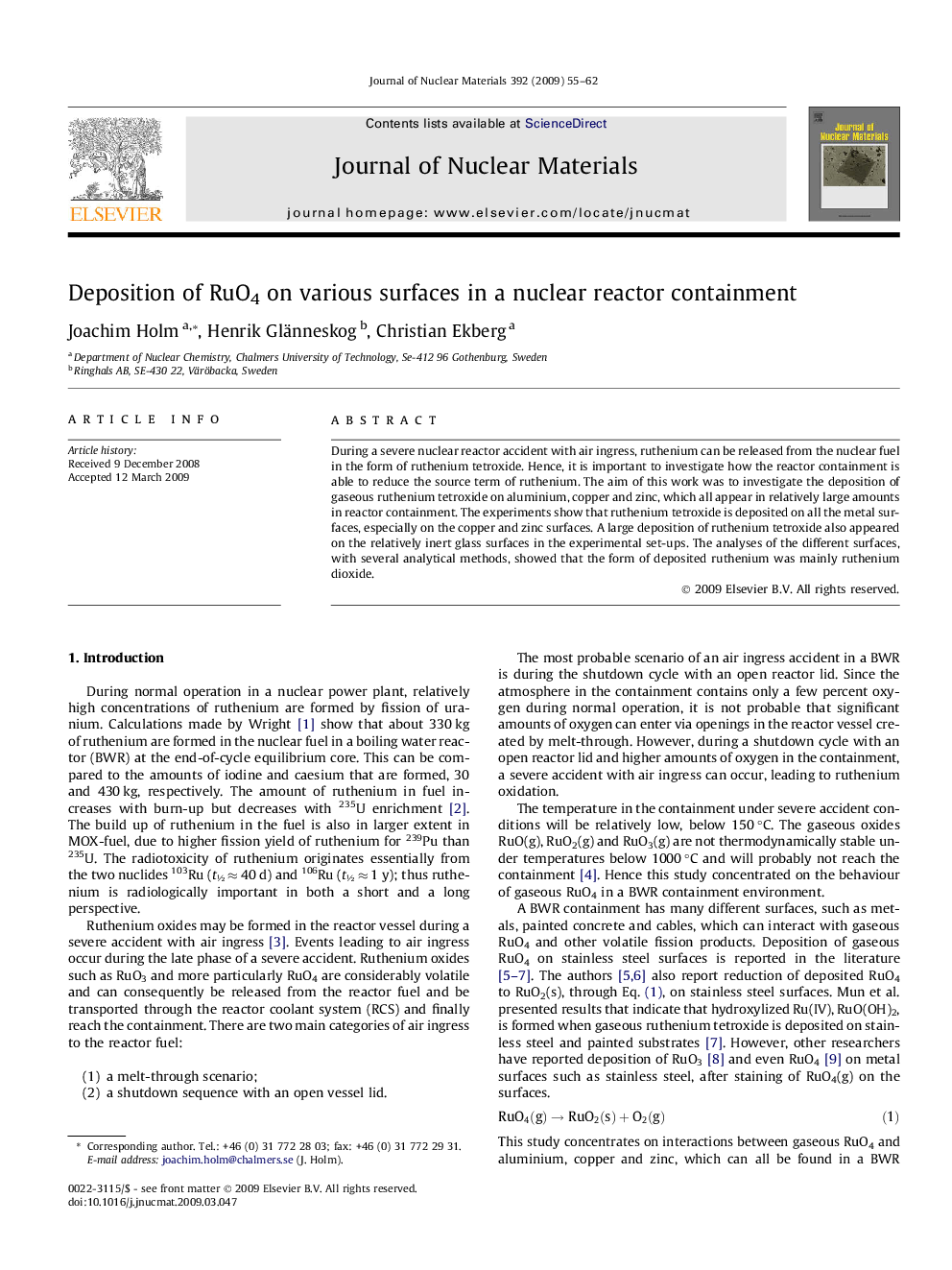 Deposition of RuO4 on various surfaces in a nuclear reactor containment