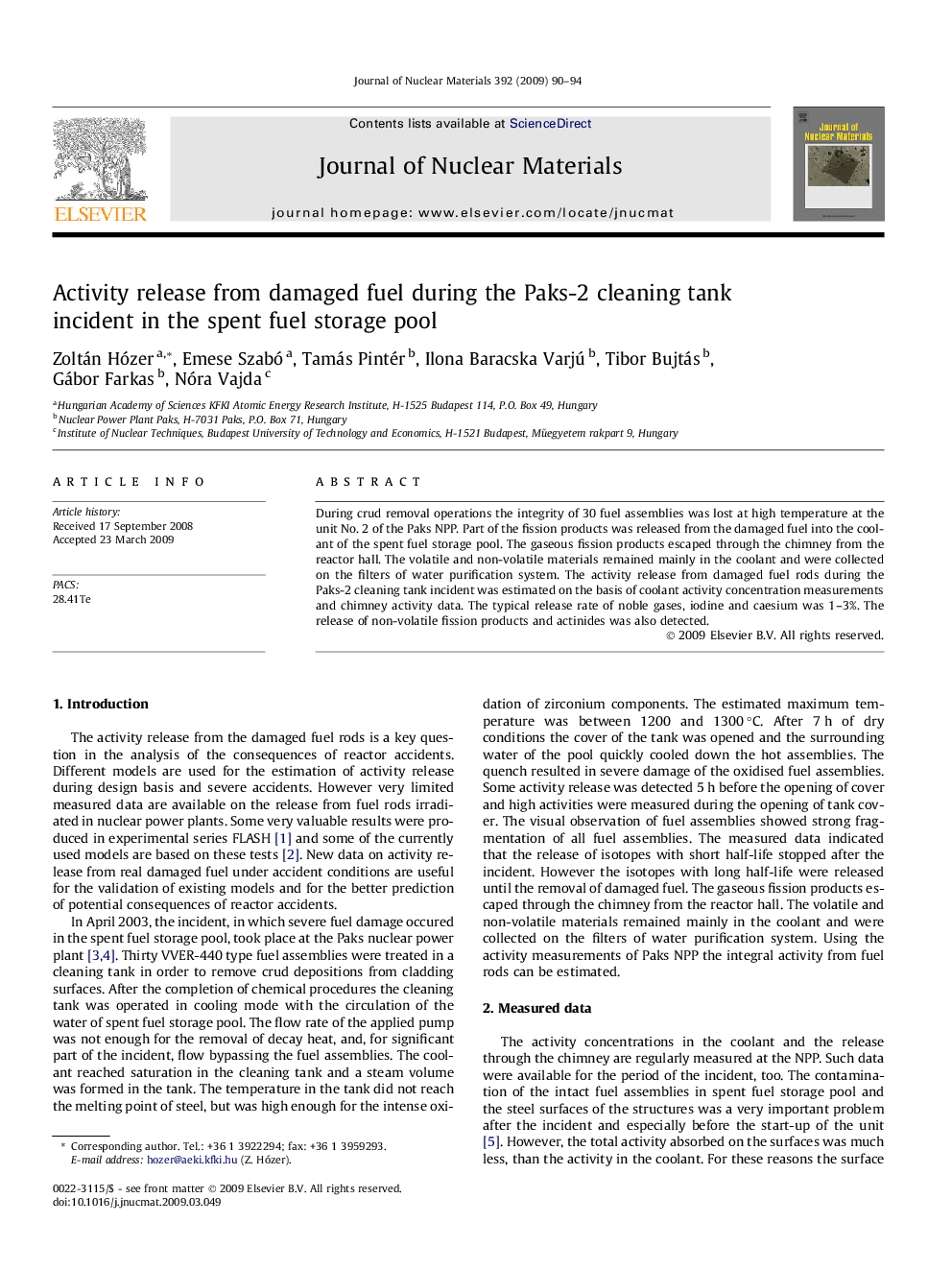 Activity release from damaged fuel during the Paks-2 cleaning tank incident in the spent fuel storage pool