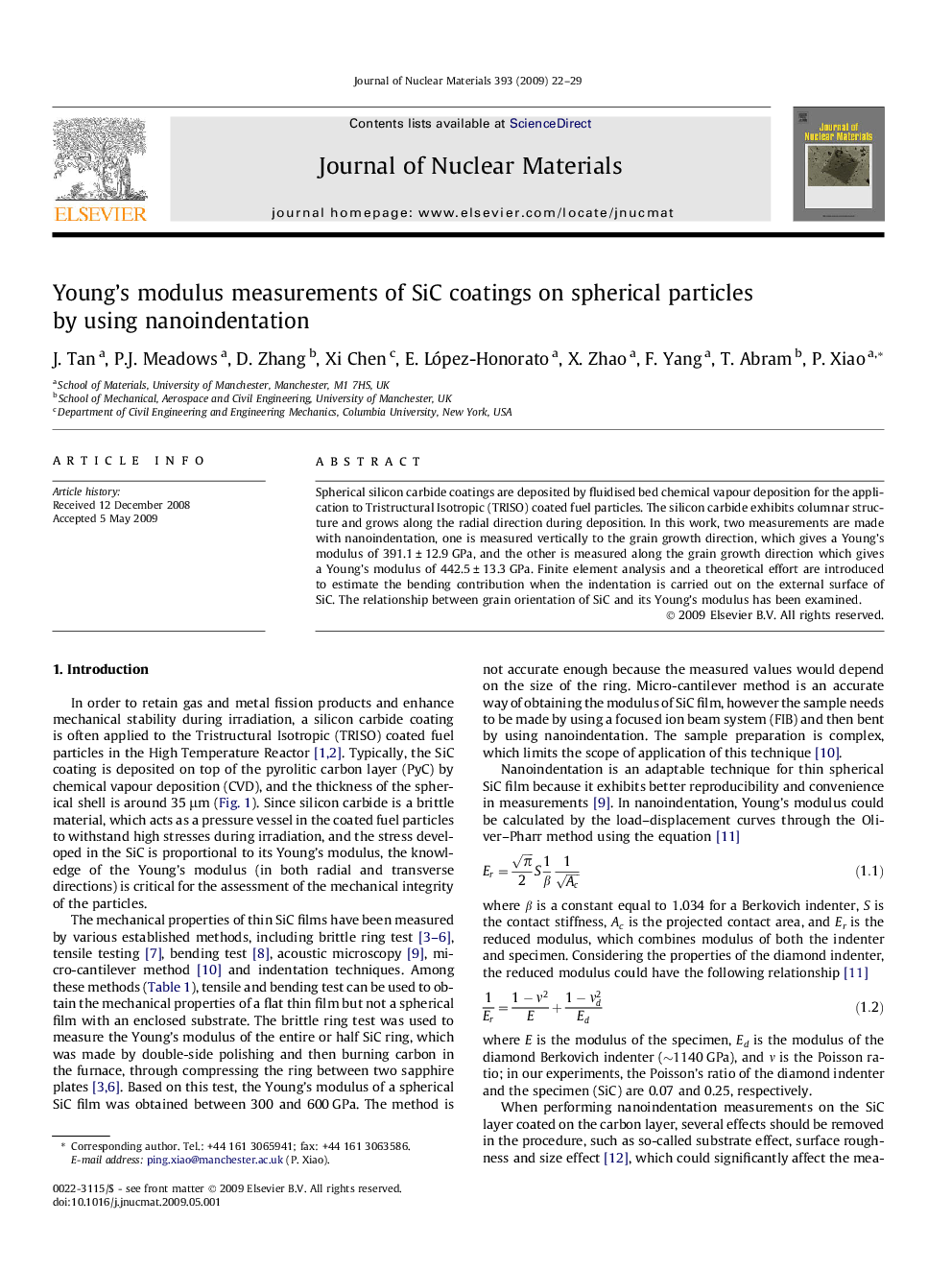 Young's modulus measurements of SiC coatings on spherical particles by using nanoindentation