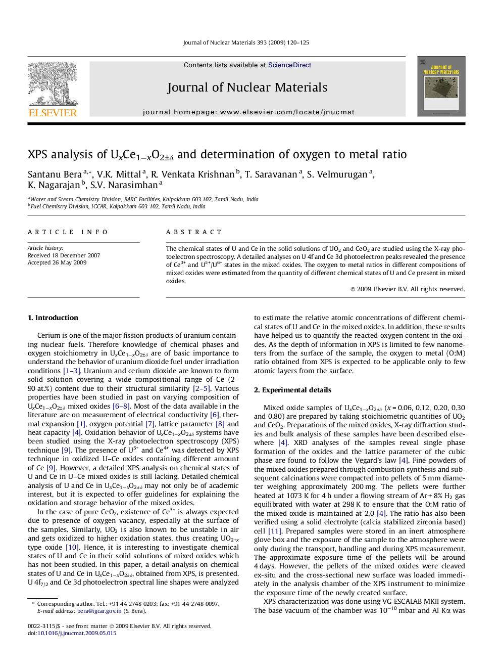 XPS analysis of UxCe1−xO2±δ and determination of oxygen to metal ratio