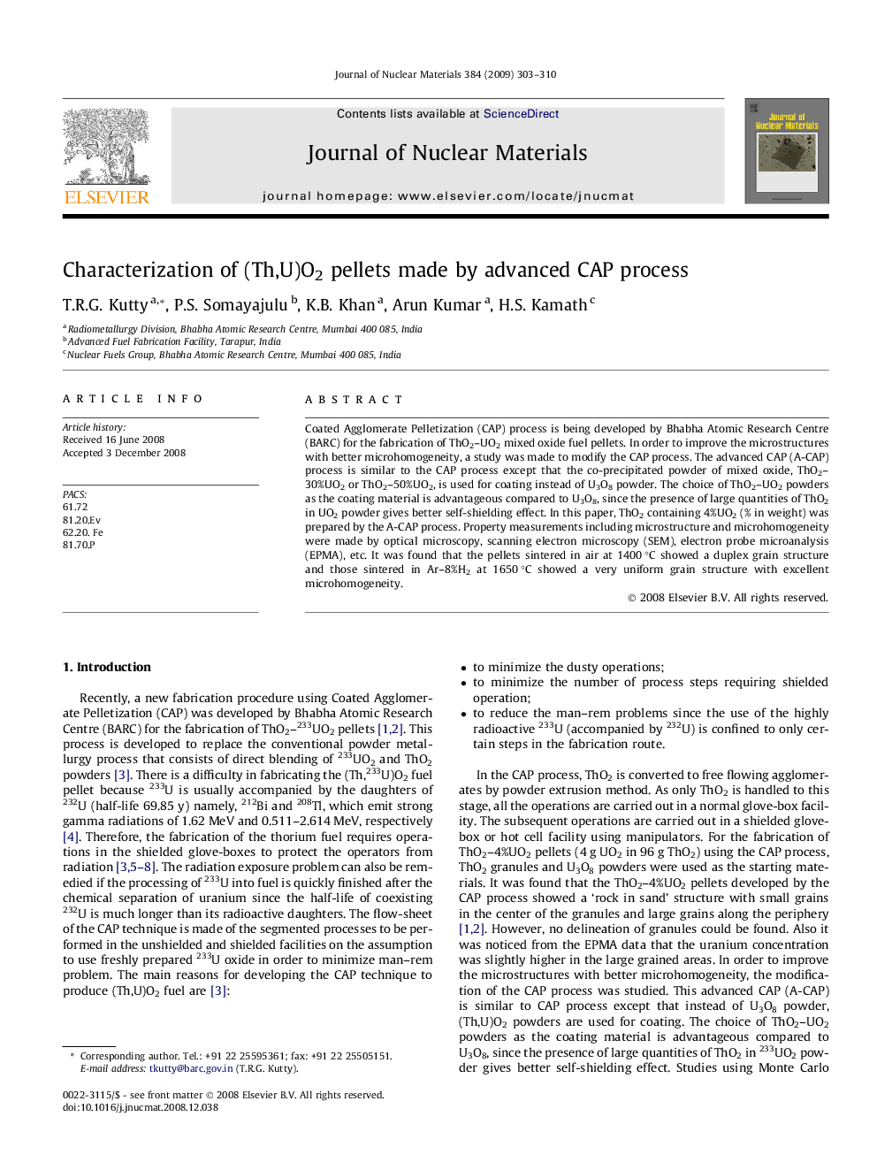 Characterization of (Th,U)O2 pellets made by advanced CAP process