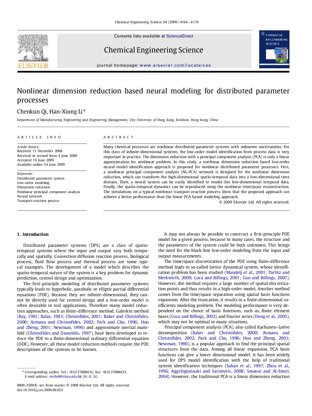 Nonlinear dimension reduction based neural modeling for distributed parameter processes