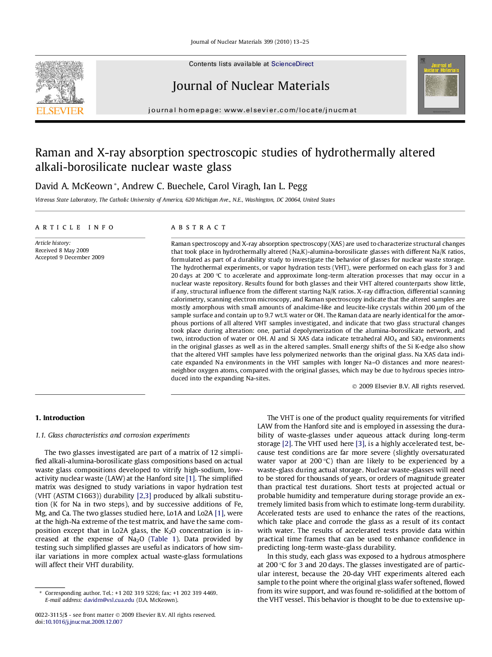 Raman and X-ray absorption spectroscopic studies of hydrothermally altered alkali-borosilicate nuclear waste glass