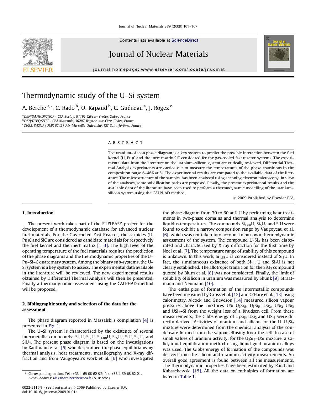 Thermodynamic study of the U–Si system
