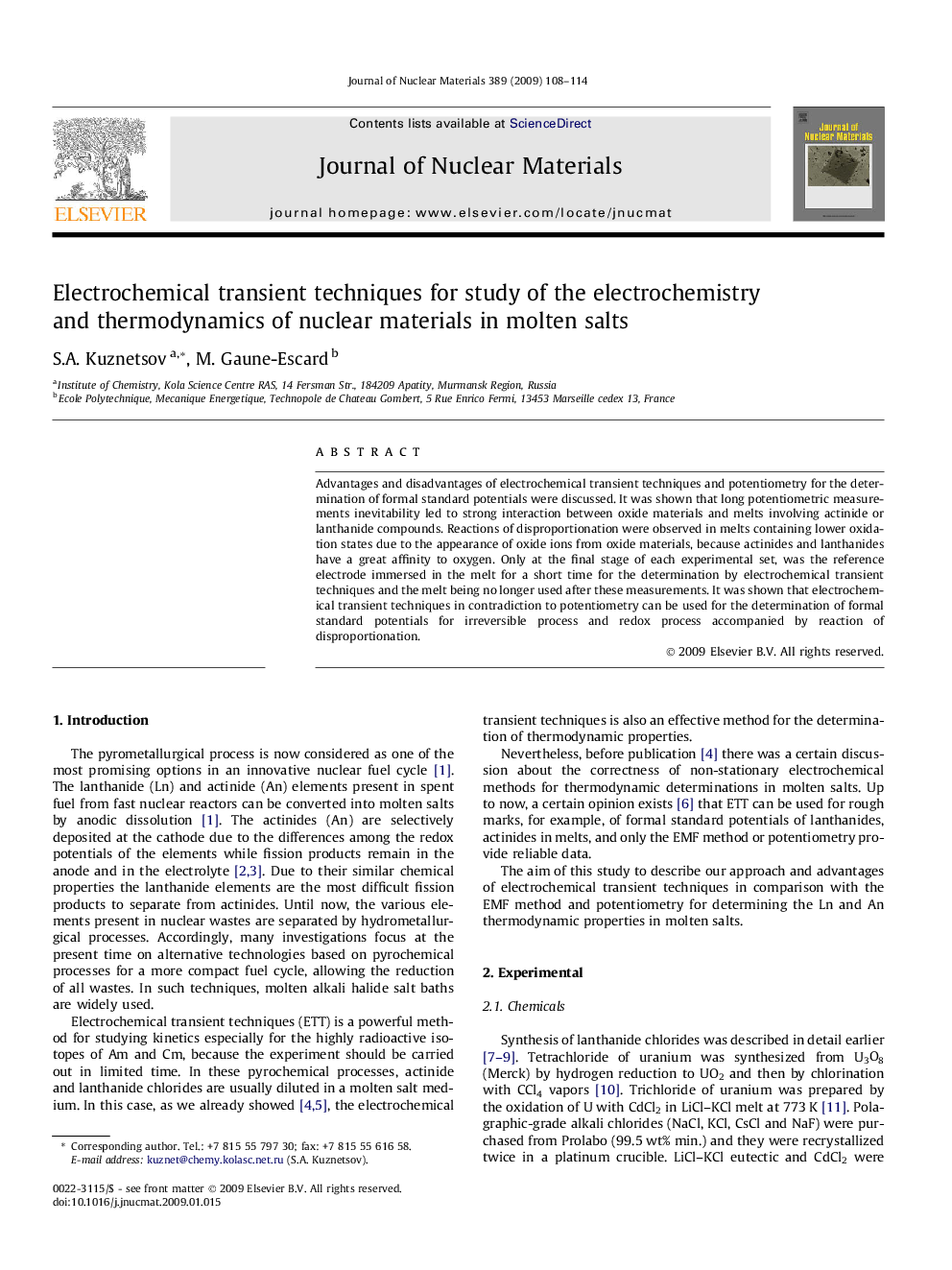 Electrochemical transient techniques for study of the electrochemistry and thermodynamics of nuclear materials in molten salts
