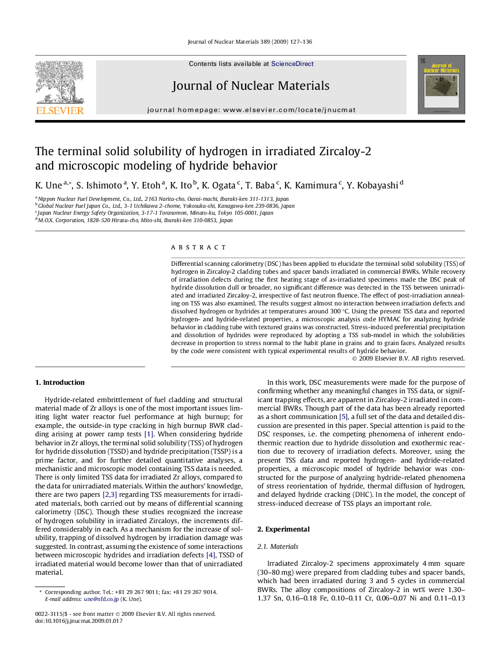 The terminal solid solubility of hydrogen in irradiated Zircaloy-2 and microscopic modeling of hydride behavior