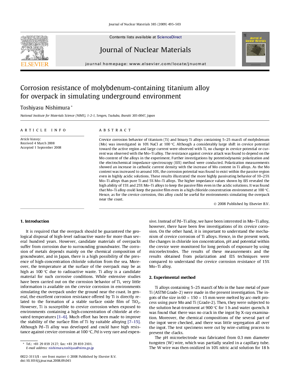 Corrosion resistance of molybdenum-containing titanium alloy for overpack in simulating underground environment