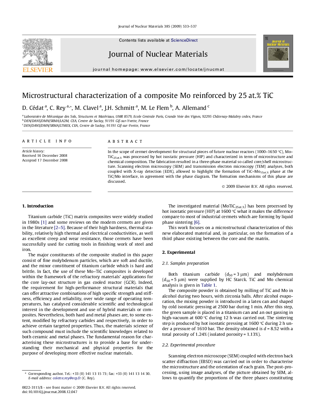 Microstructural characterization of a composite Mo reinforced by 25Â at.% TiC