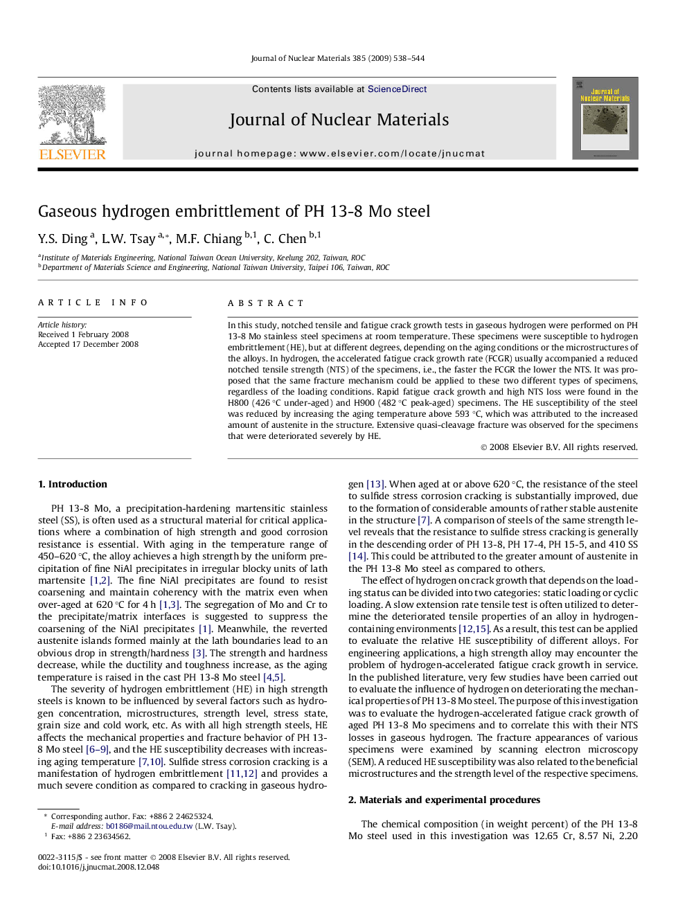 Gaseous hydrogen embrittlement of PH 13-8 Mo steel
