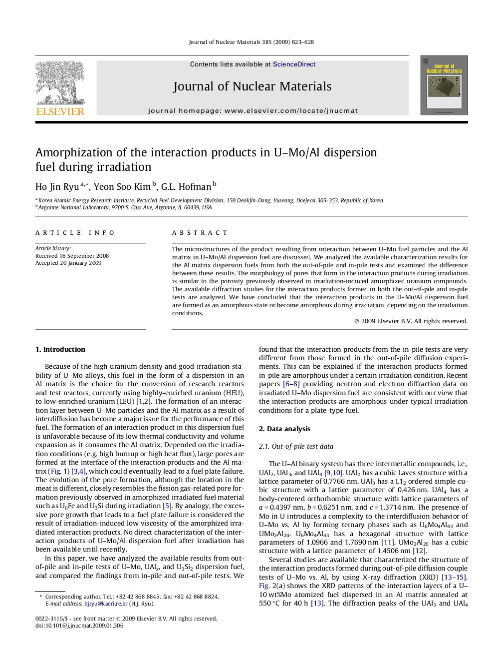 Amorphization of the interaction products in U–Mo/Al dispersion fuel during irradiation