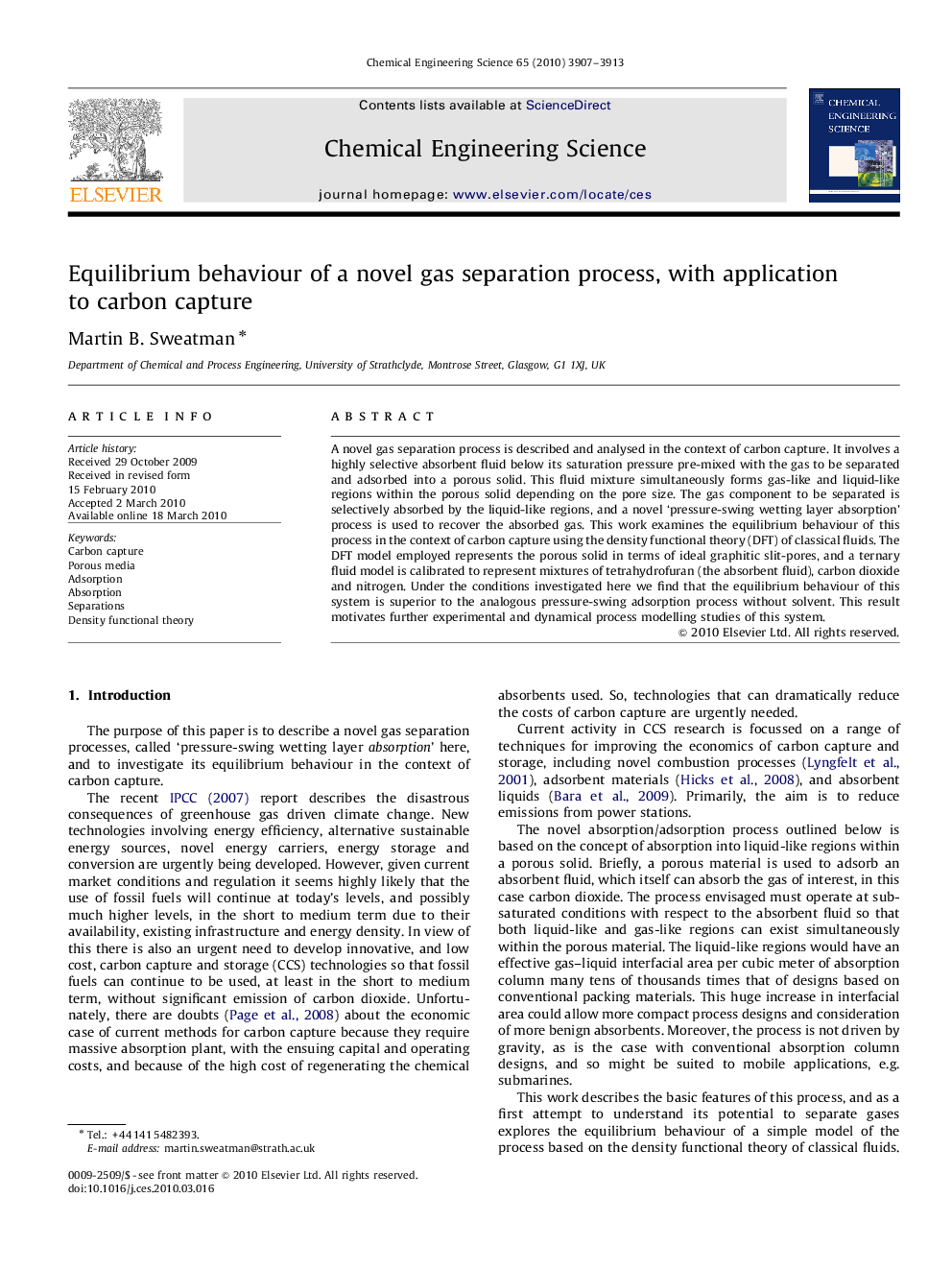 عکس صفحه اول مقاله: Equilibrium behaviour of a novel gas separation process, with application to carbon capture Equilibrium behaviour of a novel gas separation process, with application to carbon capture