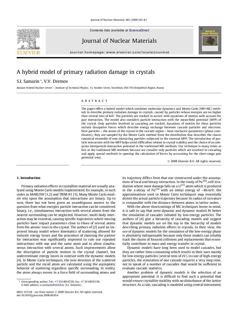 A hybrid model of primary radiation damage in crystals