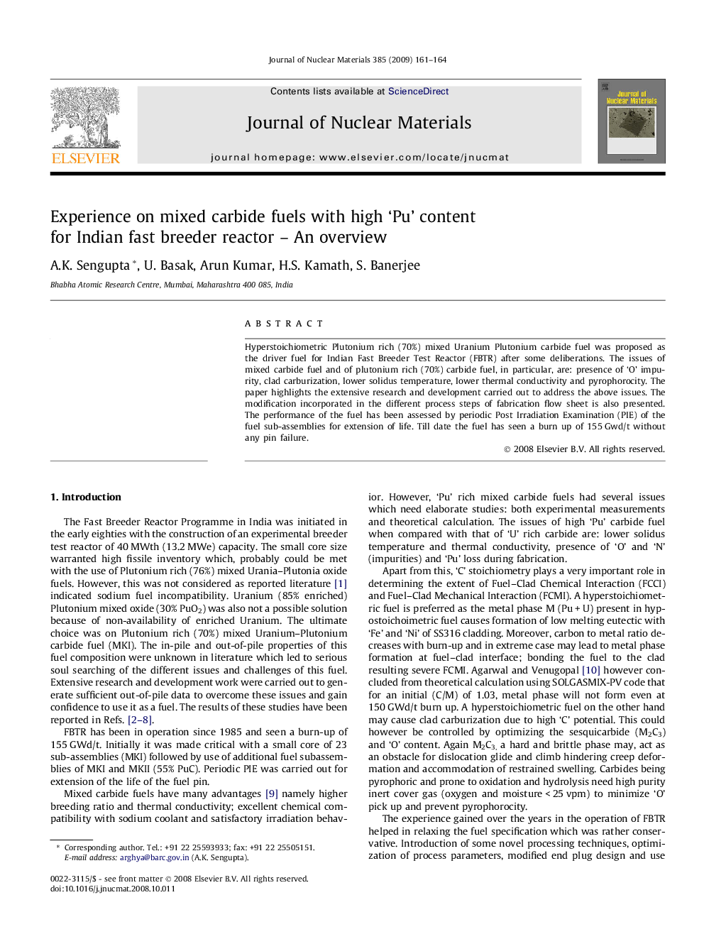 Experience on mixed carbide fuels with high ‘Pu’ content for Indian fast breeder reactor – An overview