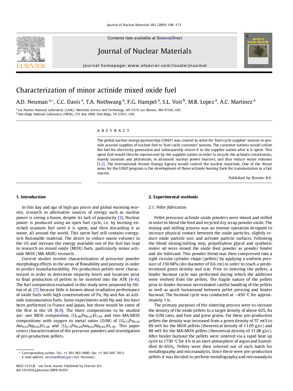 Characterization of minor actinide mixed oxide fuel