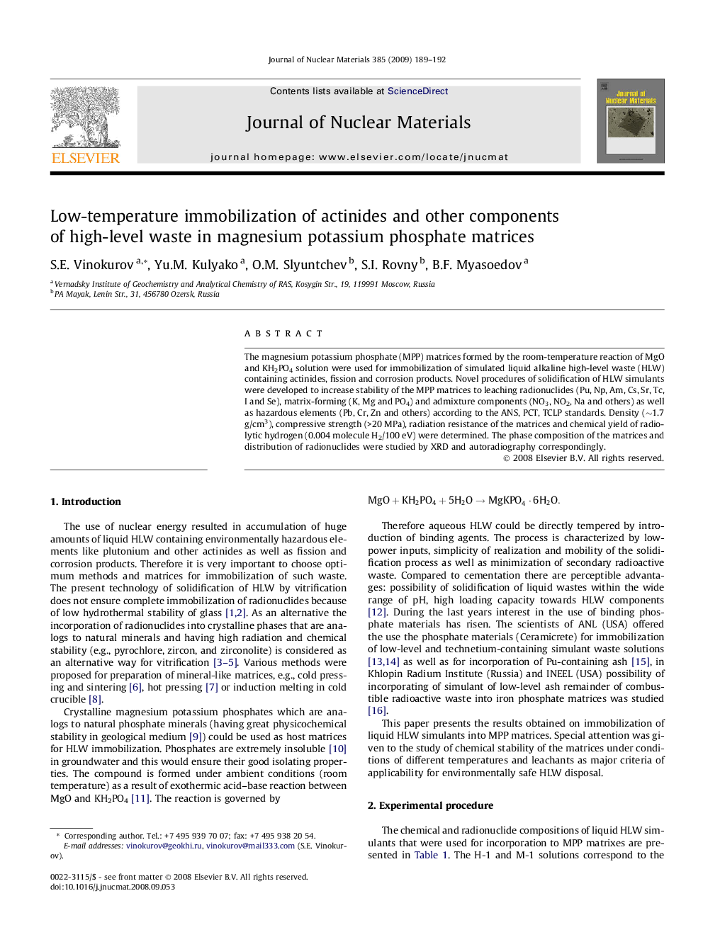 Low-temperature immobilization of actinides and other components of high-level waste in magnesium potassium phosphate matrices
