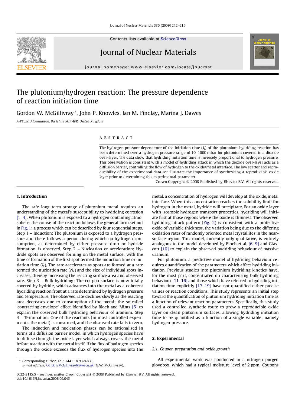 The plutonium/hydrogen reaction: The pressure dependence of reaction initiation time