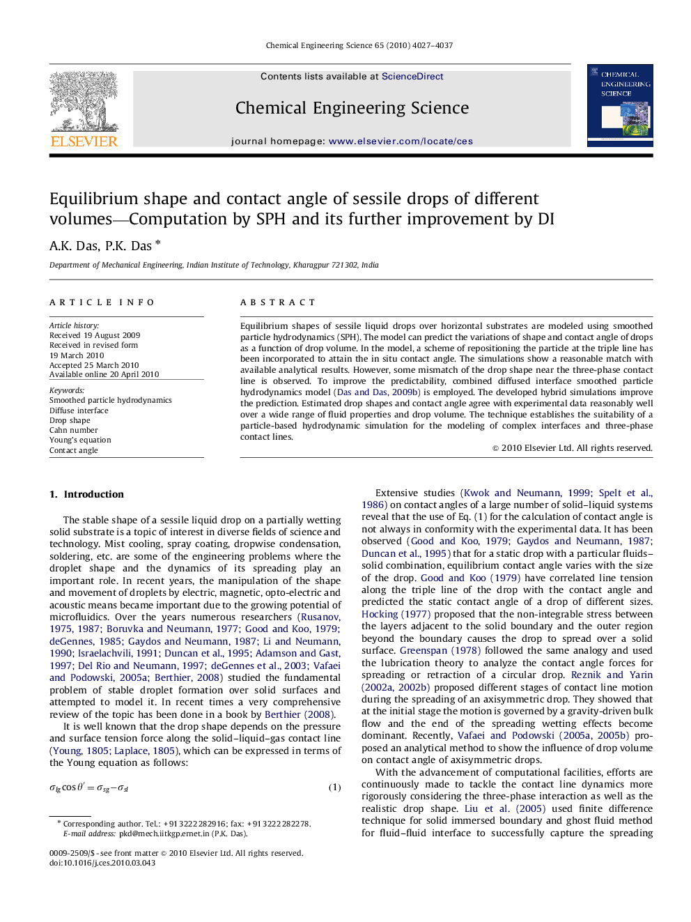 Equilibrium shape and contact angle of sessile drops of different volumes—Computation by SPH and its further improvement by DI